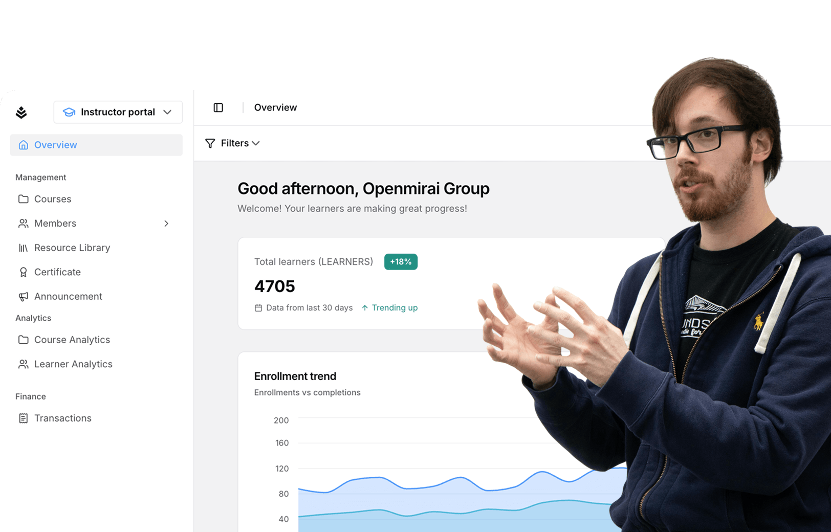 Instructor dashboard overview with enrollment trend and course metrics
