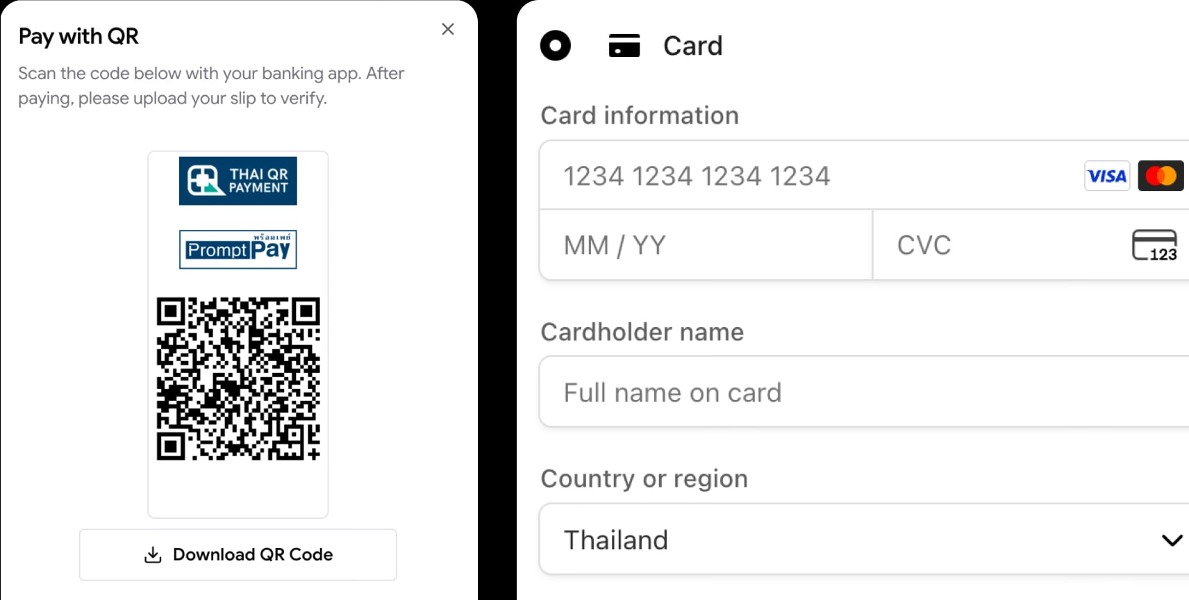 ฟอร์มชำระเงินด้วย QR PromptPay และบัตรเครดิต
