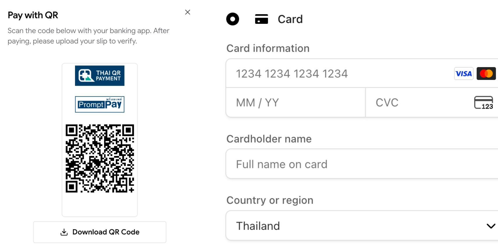 ฟอร์มชำระเงินด้วย QR PromptPay และบัตรเครดิต