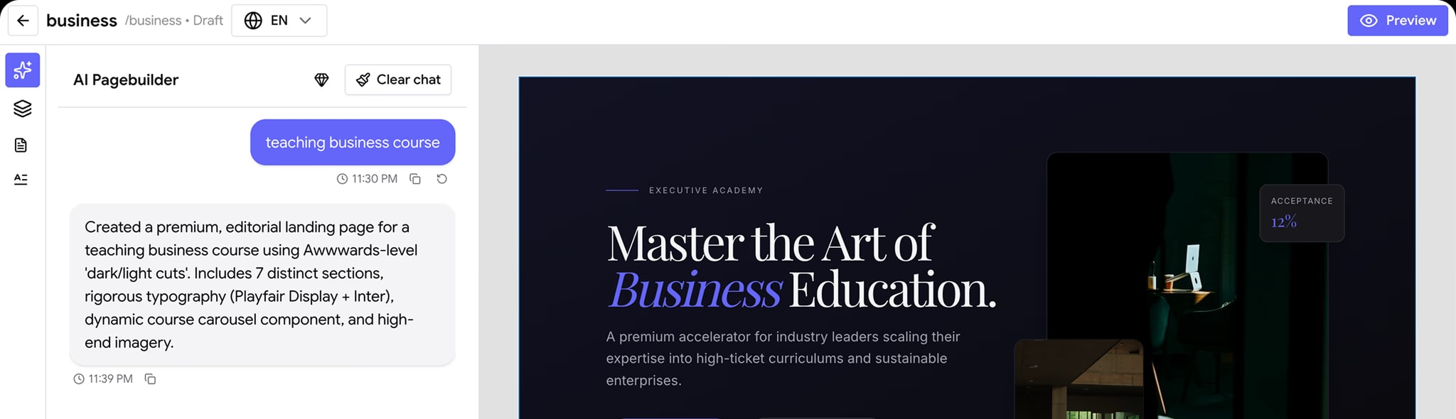 AI website builder creating a branded academy page