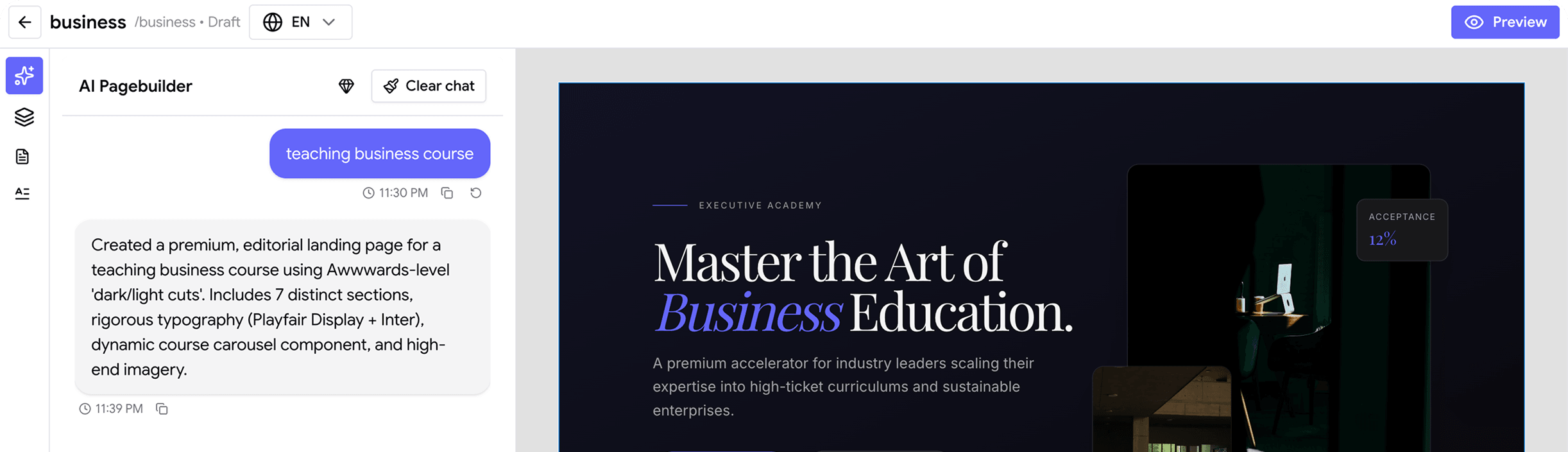 AI website builder creating a branded academy page