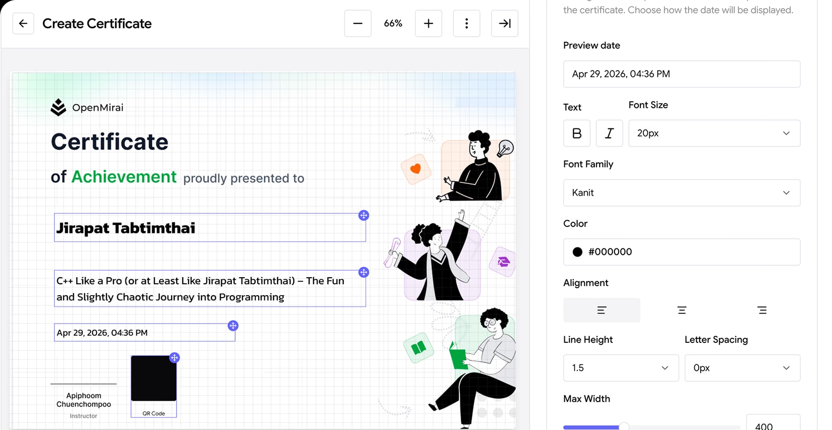 Certificate editor for an automated course completion certificate