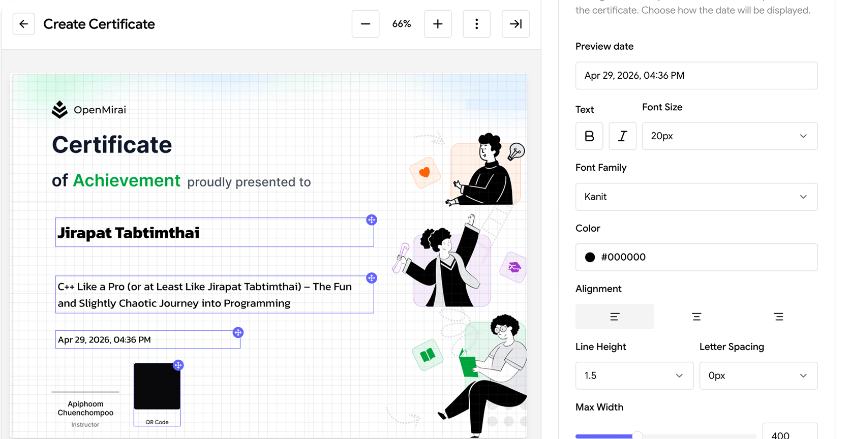 Certificate editor for an automated course completion certificate