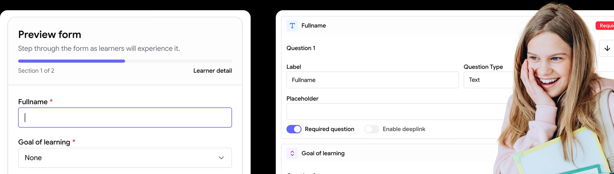 Custom registration form builder with learner fields