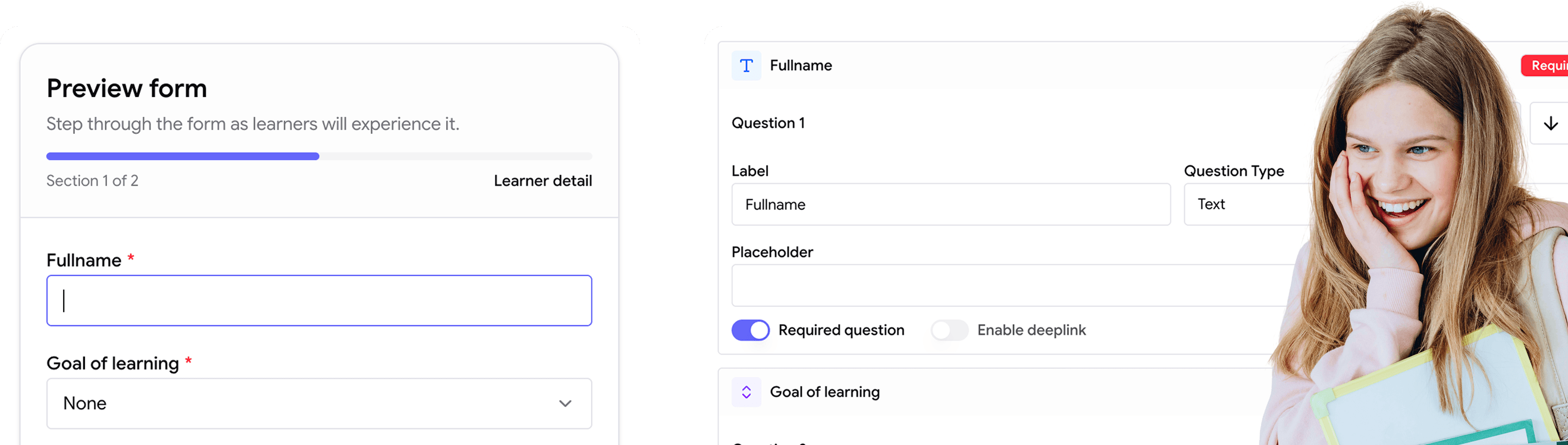 Custom registration form builder with learner fields