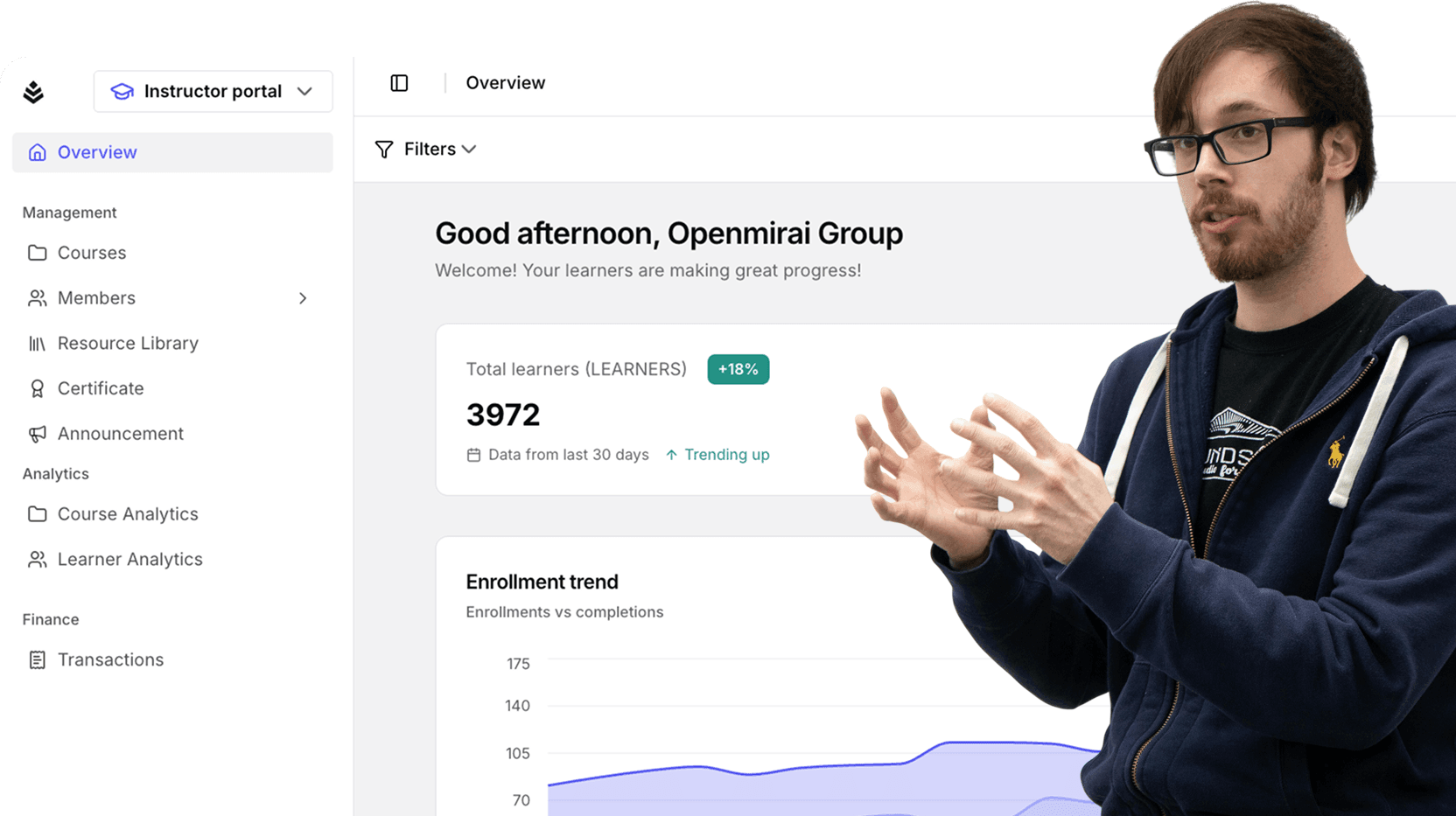 Instructor portal dashboard with enrollment and course metrics