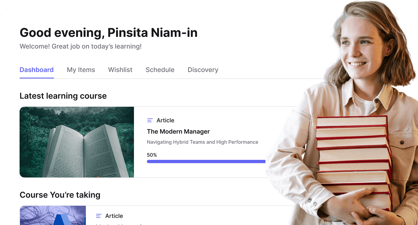 Learner portal dashboard with course progress and navigation