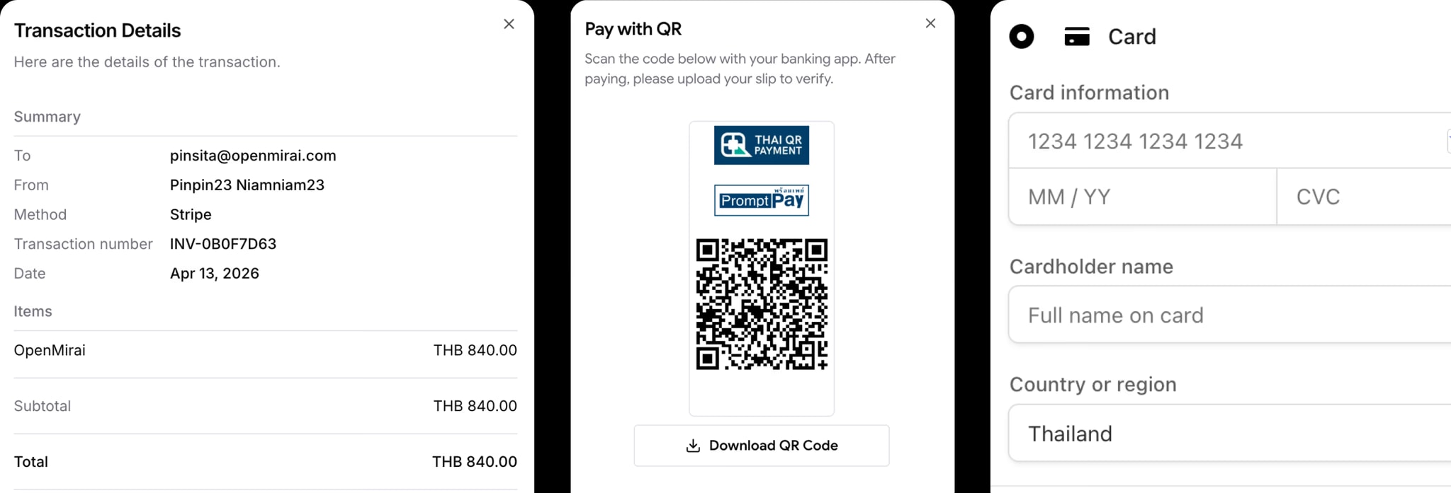 หน้าจัดการการเรียกเก็บเงินพร้อมใบเสร็จ QR และบัตรเครดิต
