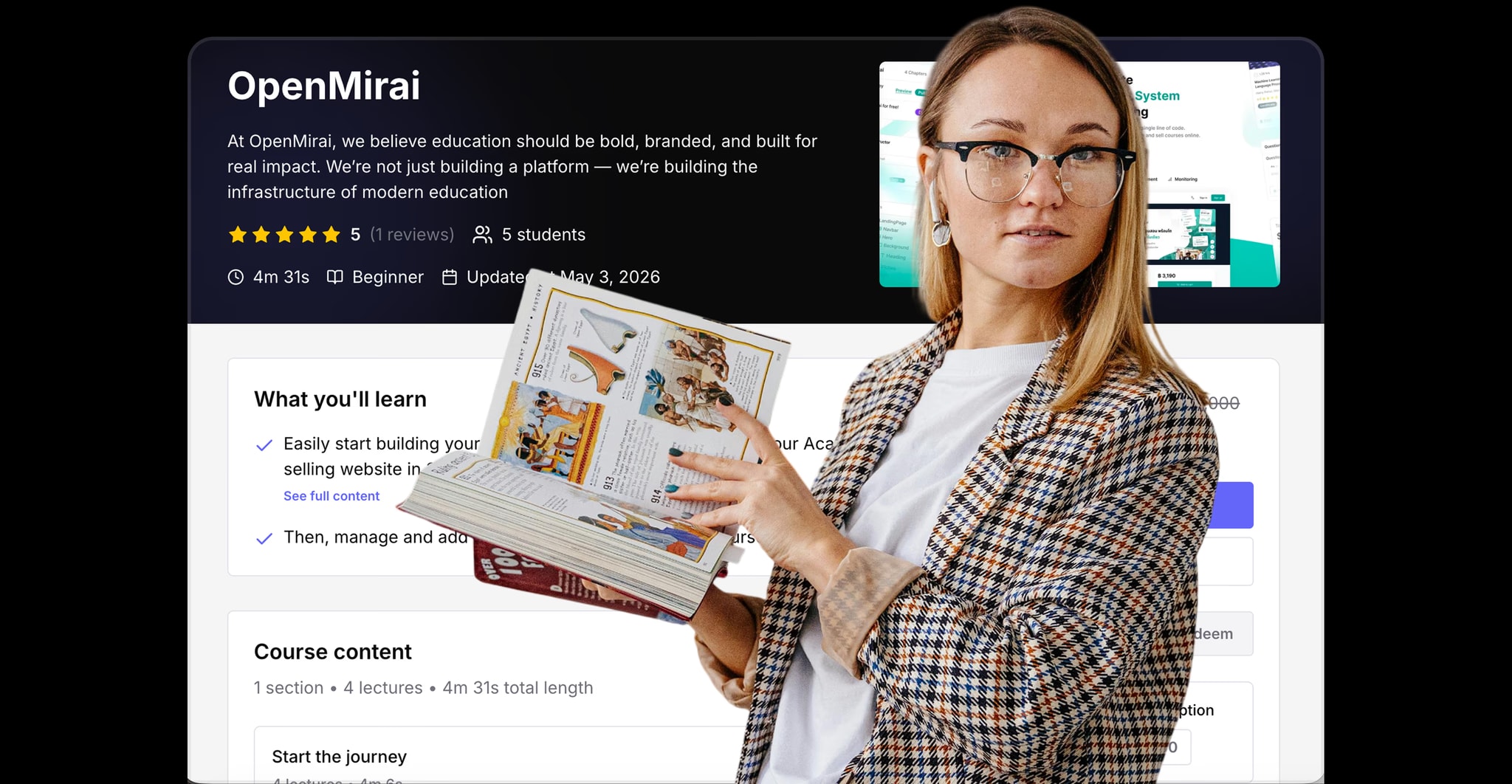 OpenMirai branded academy checkout and learning page with a creator