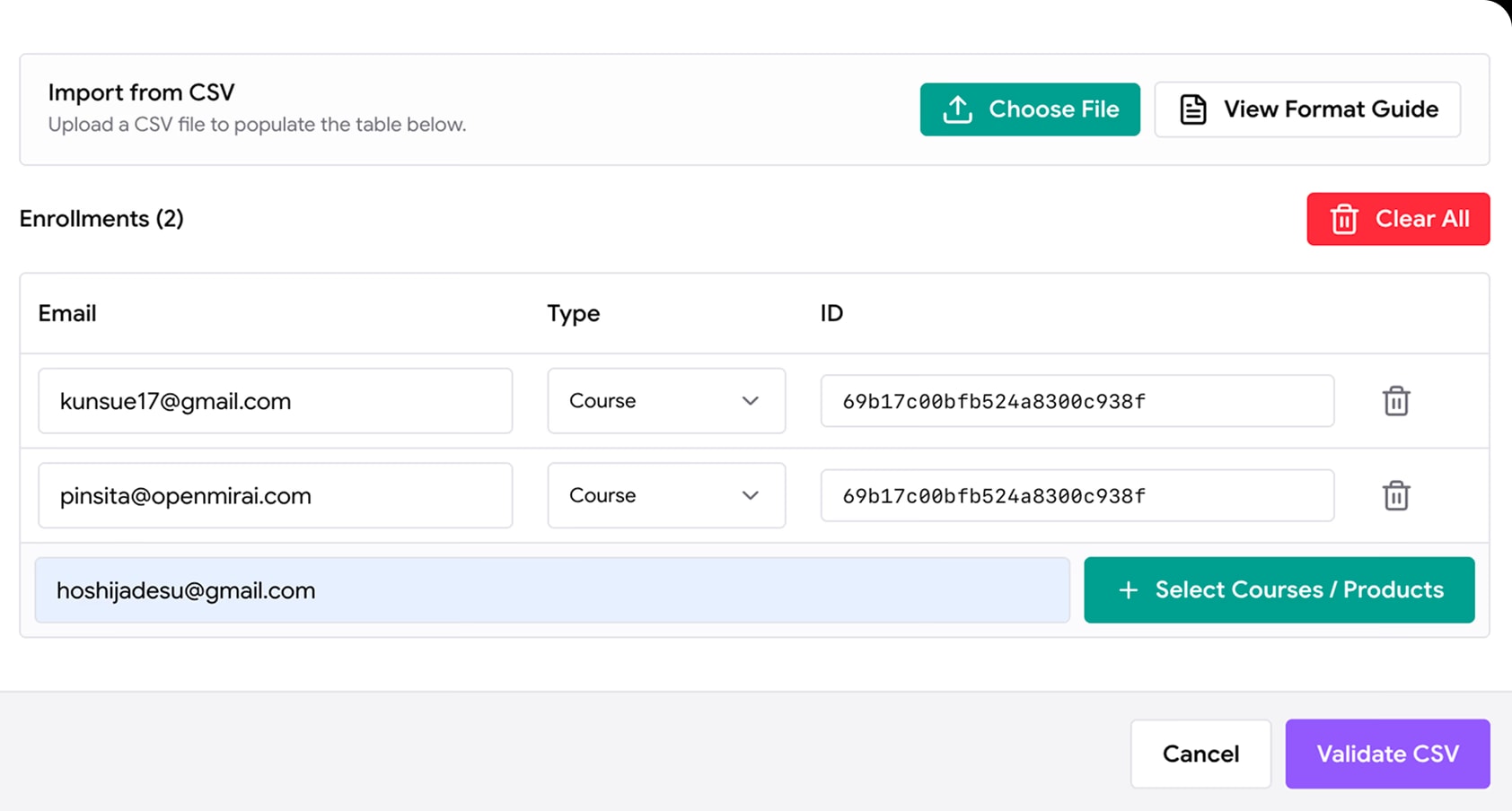 หน้าจอย้ายผู้เรียนด้วย CSV