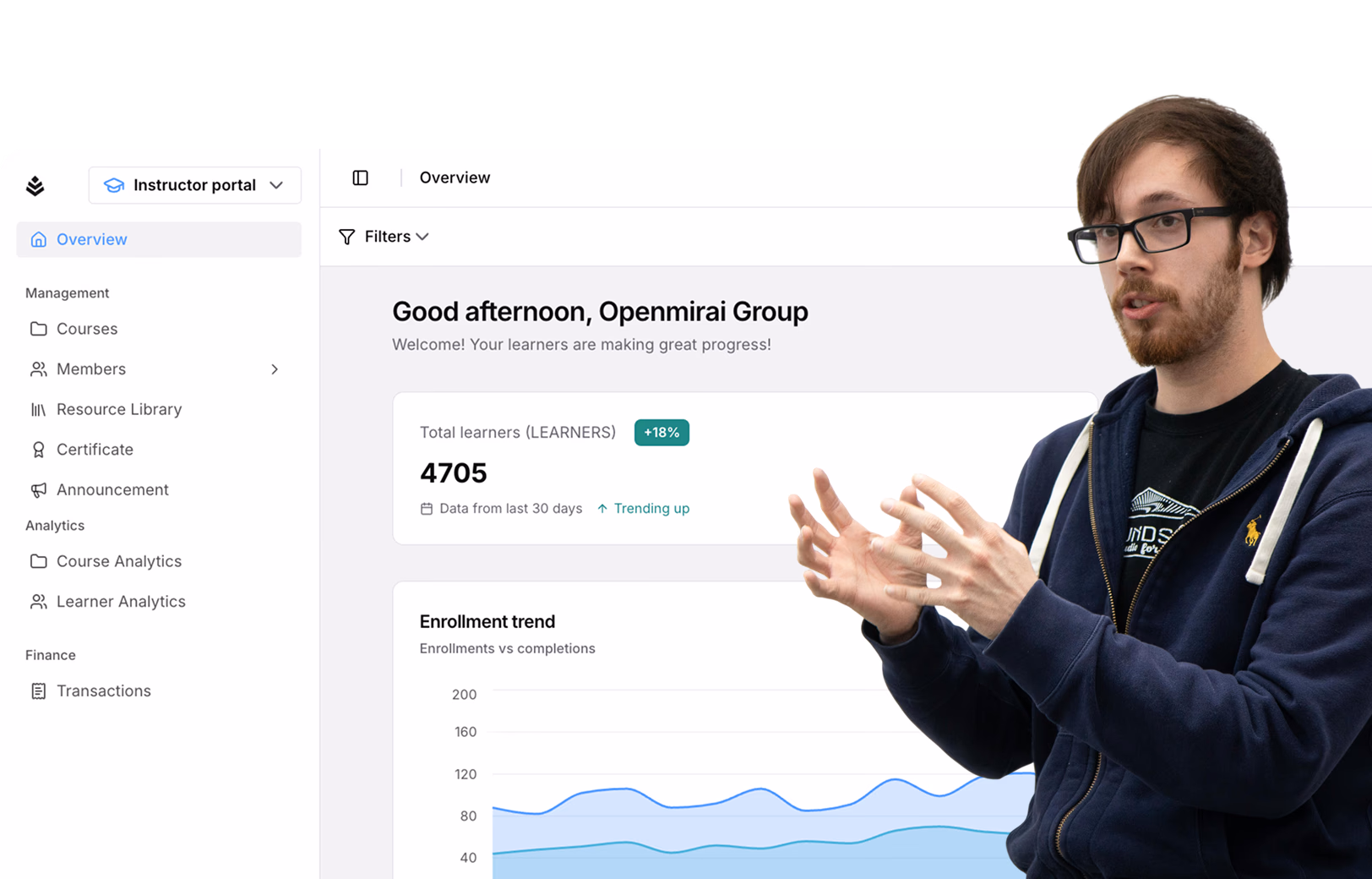Instructor dashboard overview with enrollment trend and course metrics