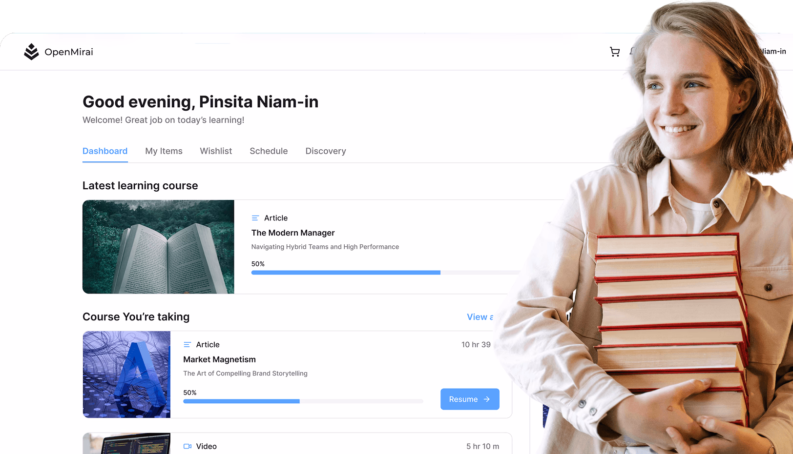 Learner dashboard overview with latest course progress and study navigation
