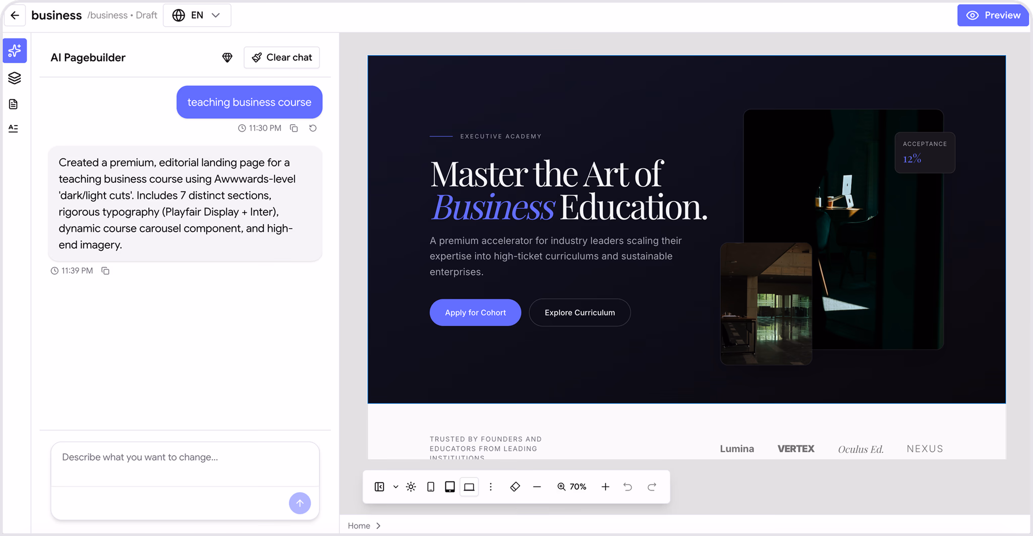 OpenMirai AI page builder and branded academy website preview