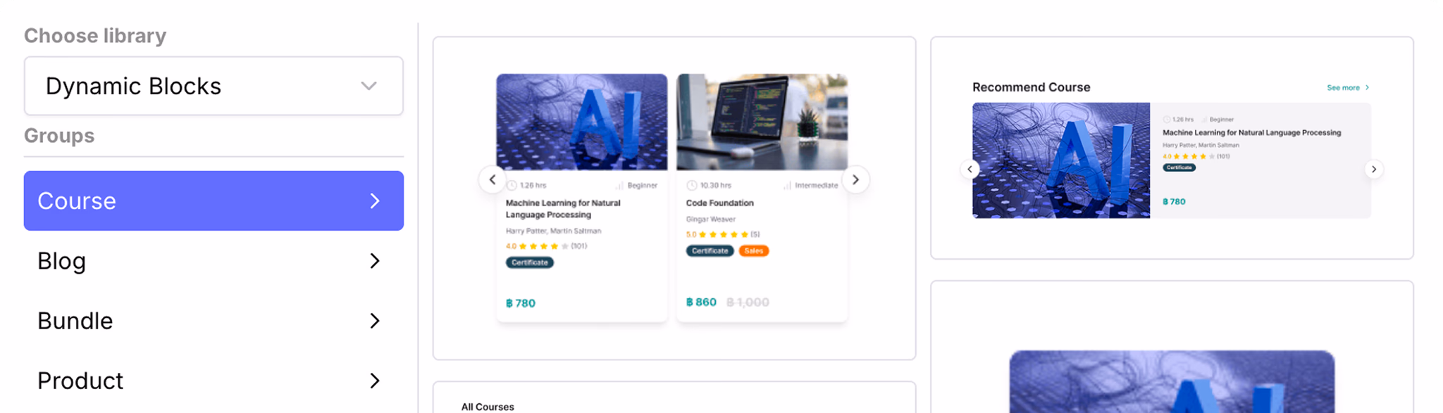 Dynamic block library for dragging courses, bundles, and products into a page
