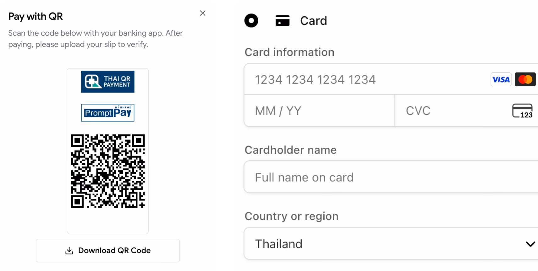 PromptPay QR and credit card payment form
