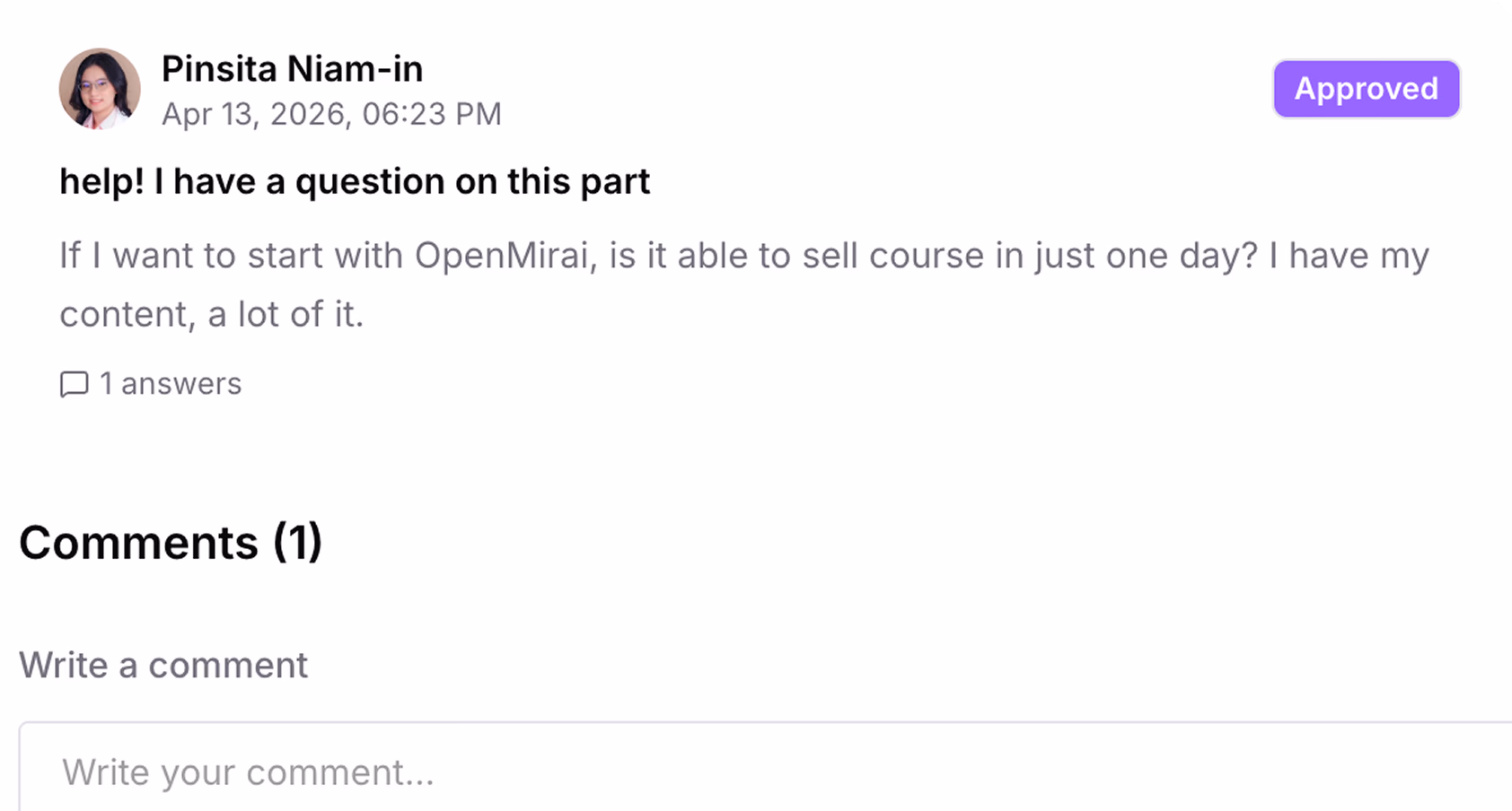 Course discussion thread with an approved learner question