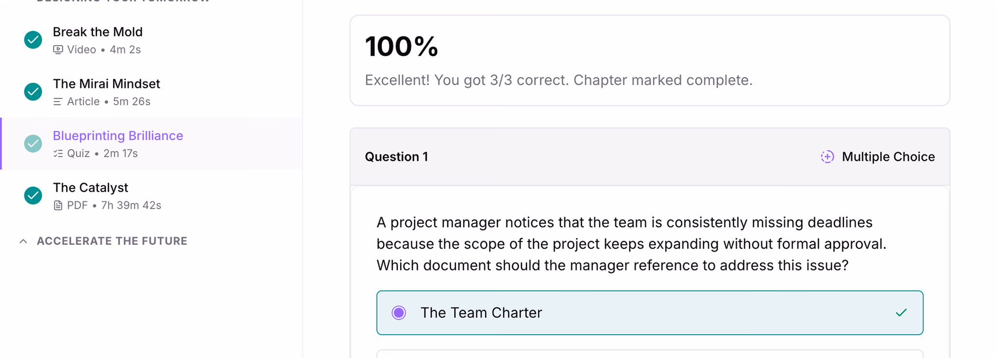 Quiz result screen showing a completed multiple choice assessment