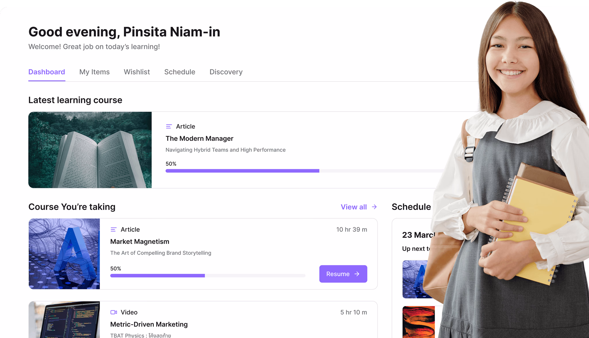Learner dashboard with active courses, schedule, and progress