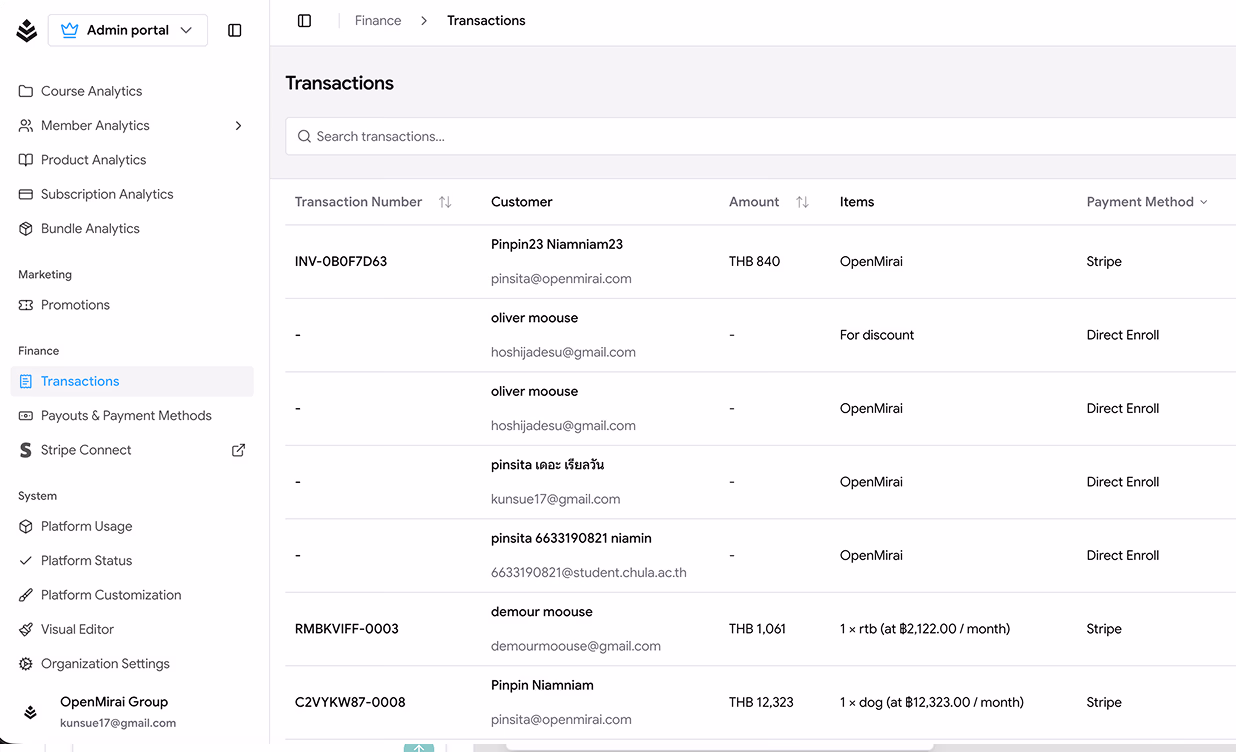 Transactions dashboard preview for creators