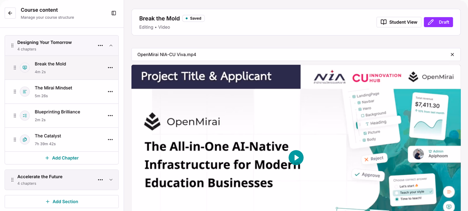 OpenMirai block-based course studio preview