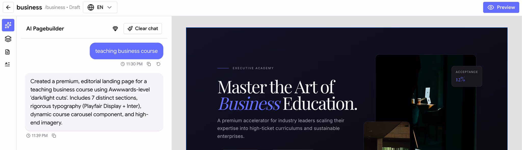 AI website builder creating a branded academy page