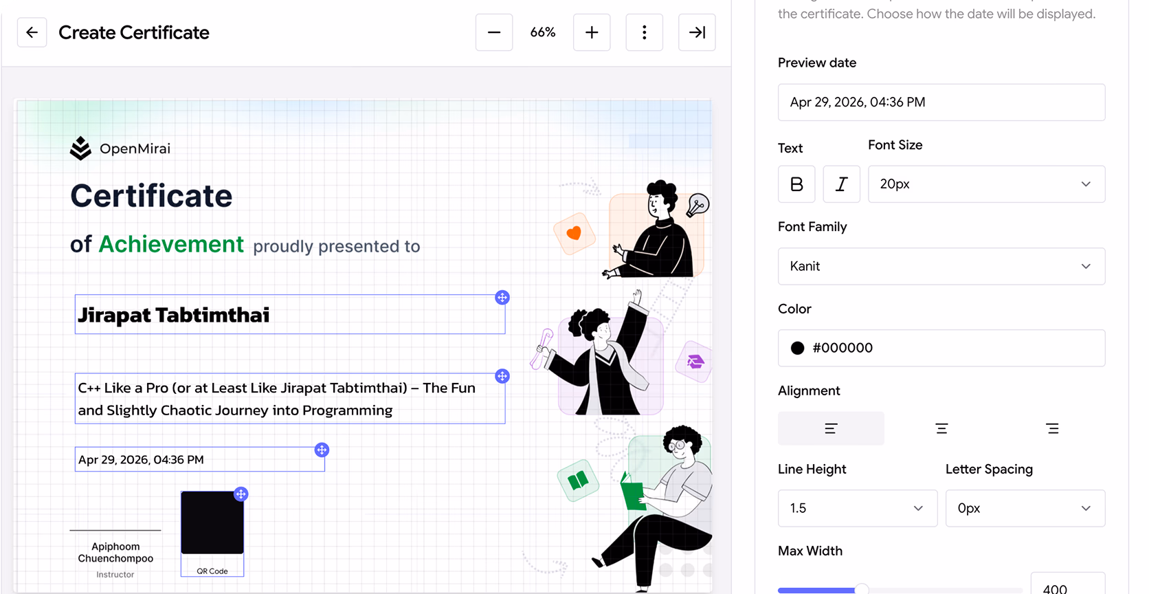 Certificate editor for an automated course completion certificate