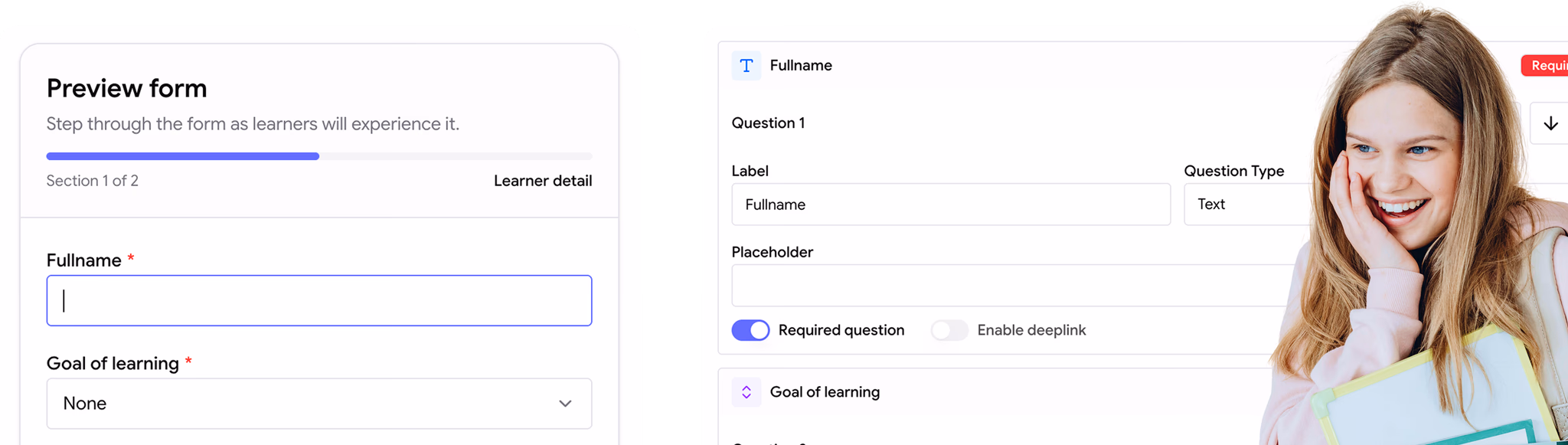 Custom registration form builder with learner fields