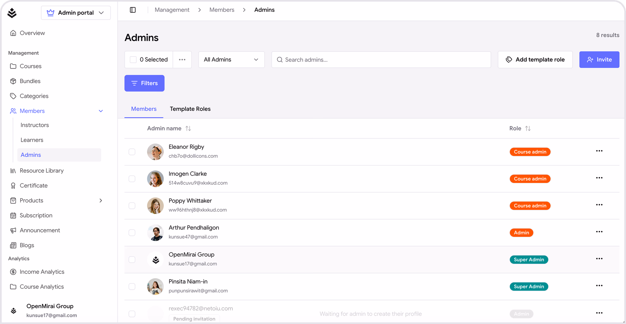 OpenMirai admin dashboard with user management and platform controls