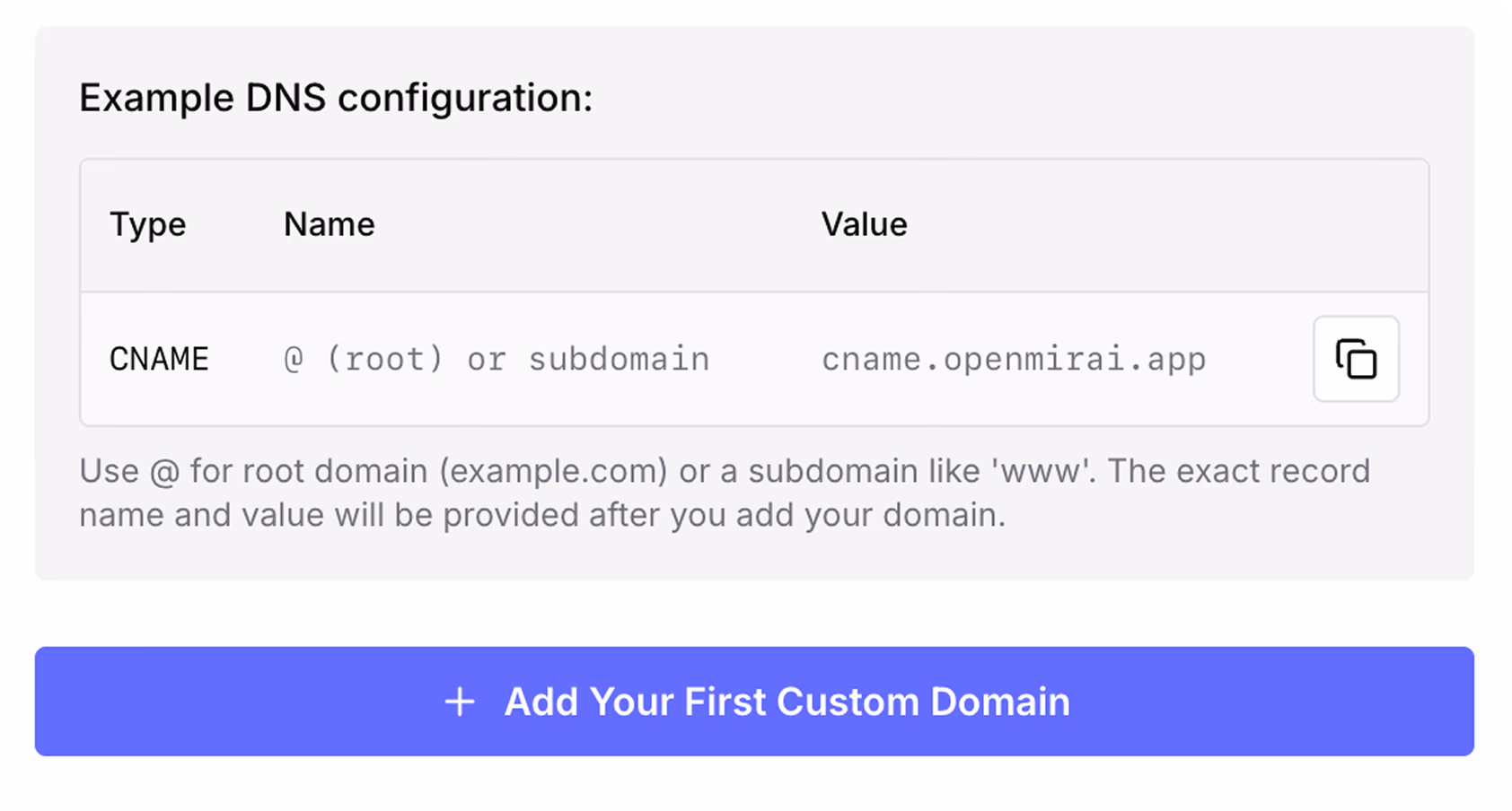 Custom domain setup form with DNS instructions