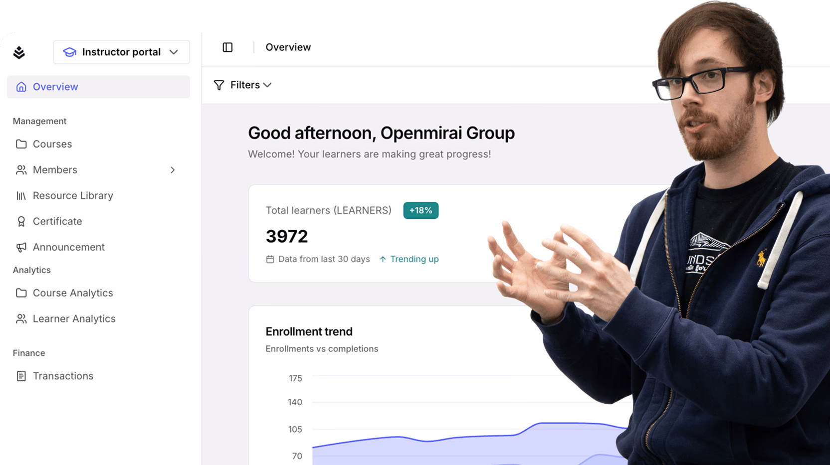 Instructor portal dashboard with learner and course metrics