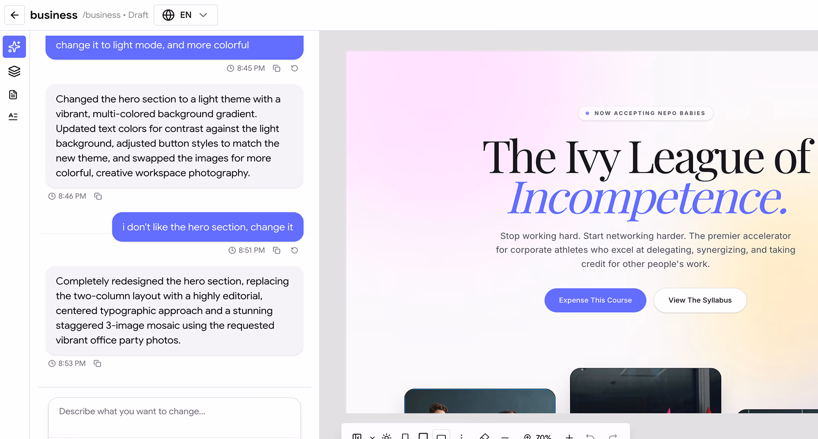 AI website builder creating a branded academy website