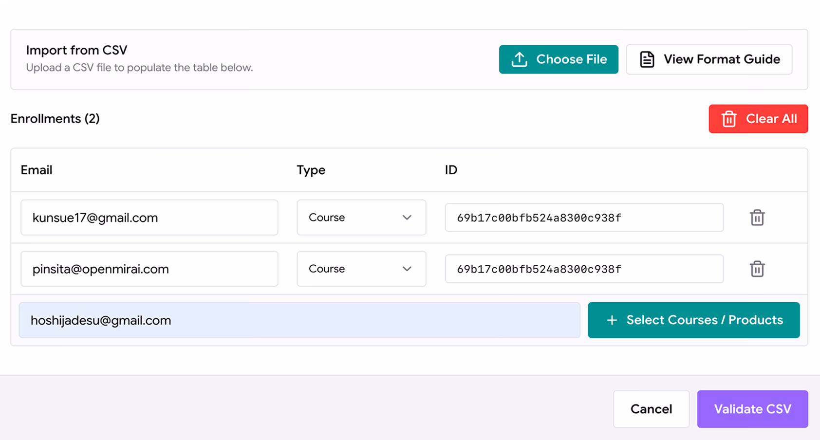 CSV learner import screen