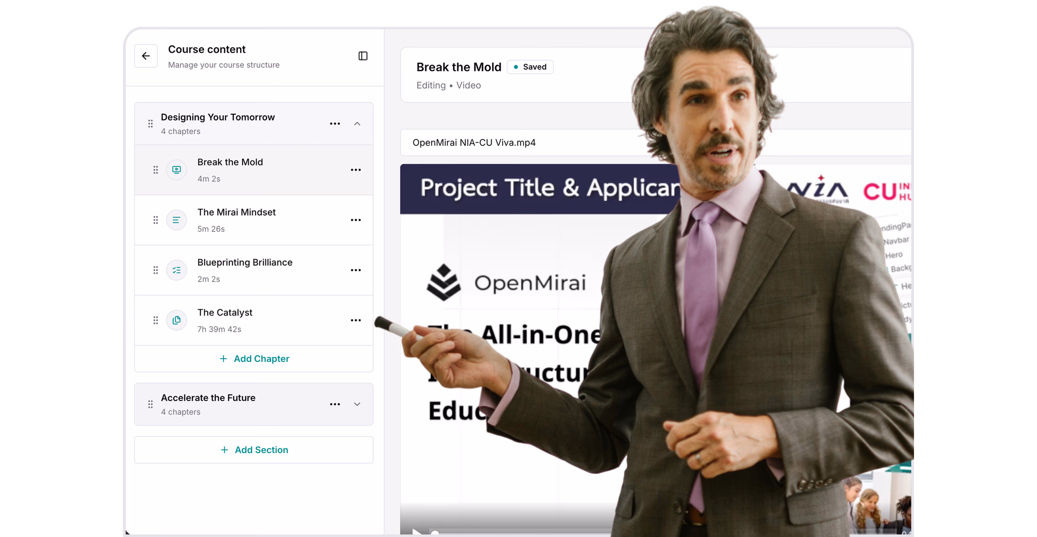 OpenMirai coaching program builder with course screens and a coach