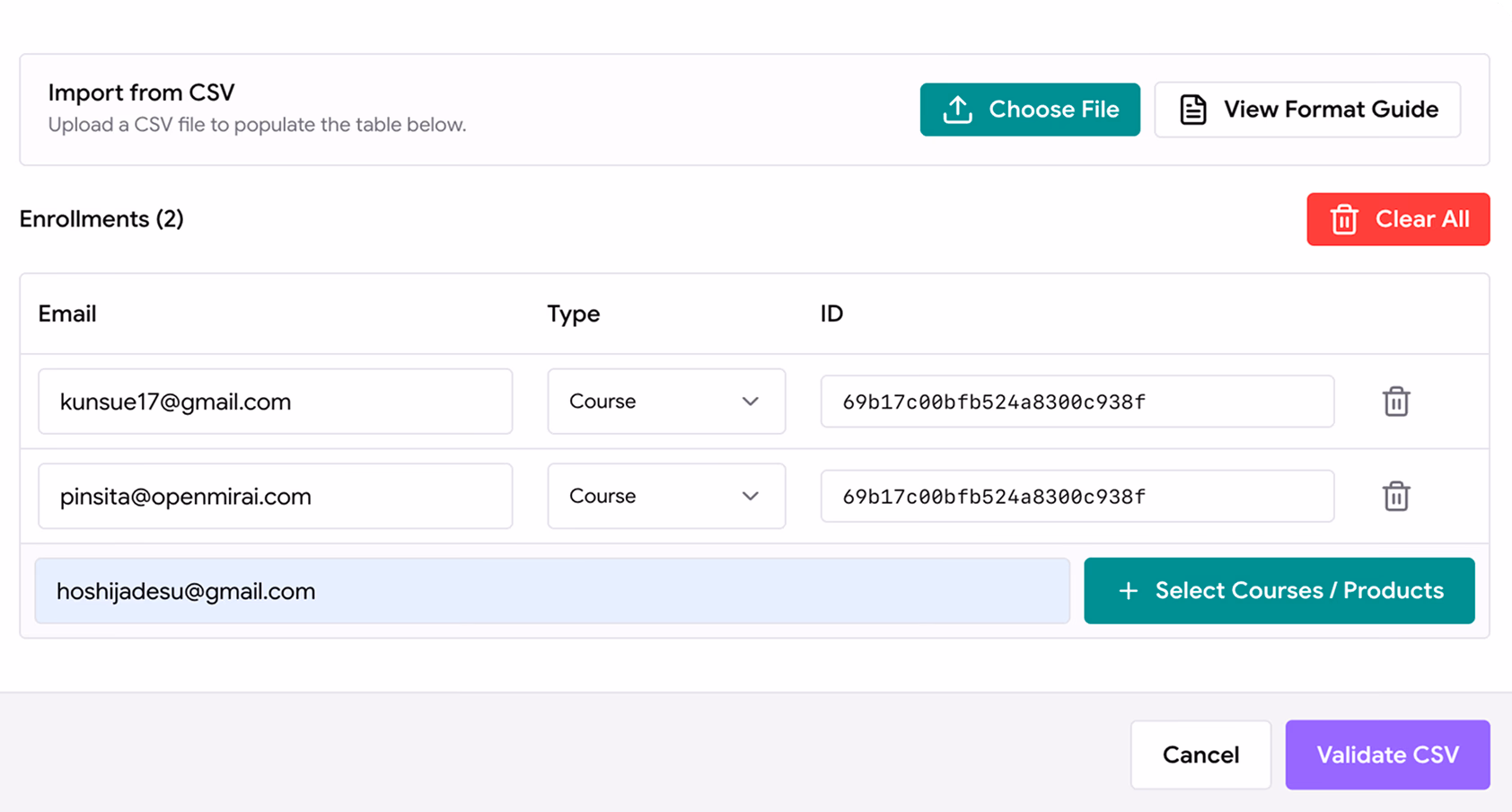 CSV learner import screen