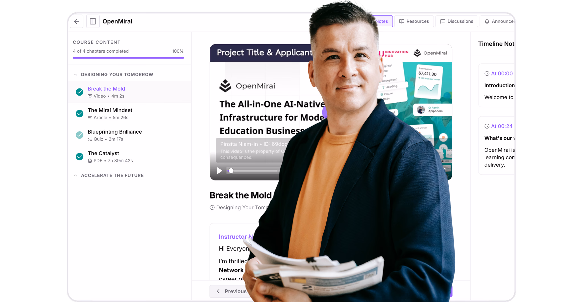 OpenMirai tutor course studio with learning screens and instructor