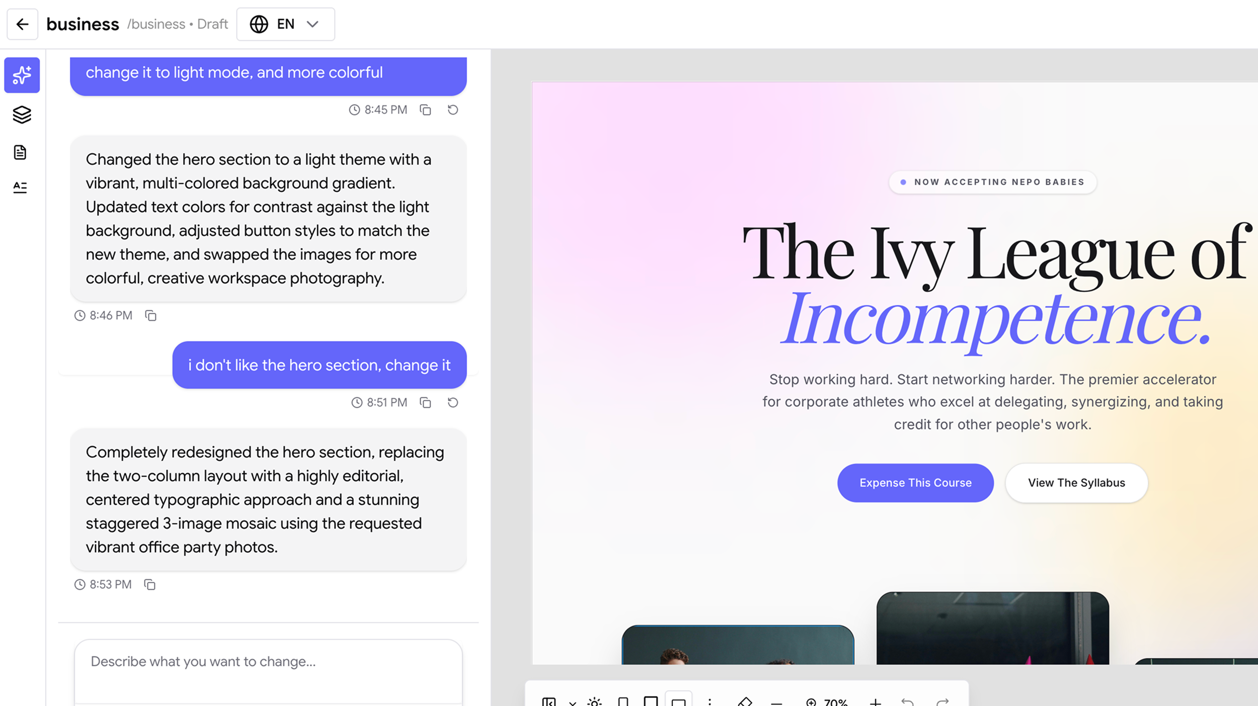 AI page builder generating a branded academy website preview