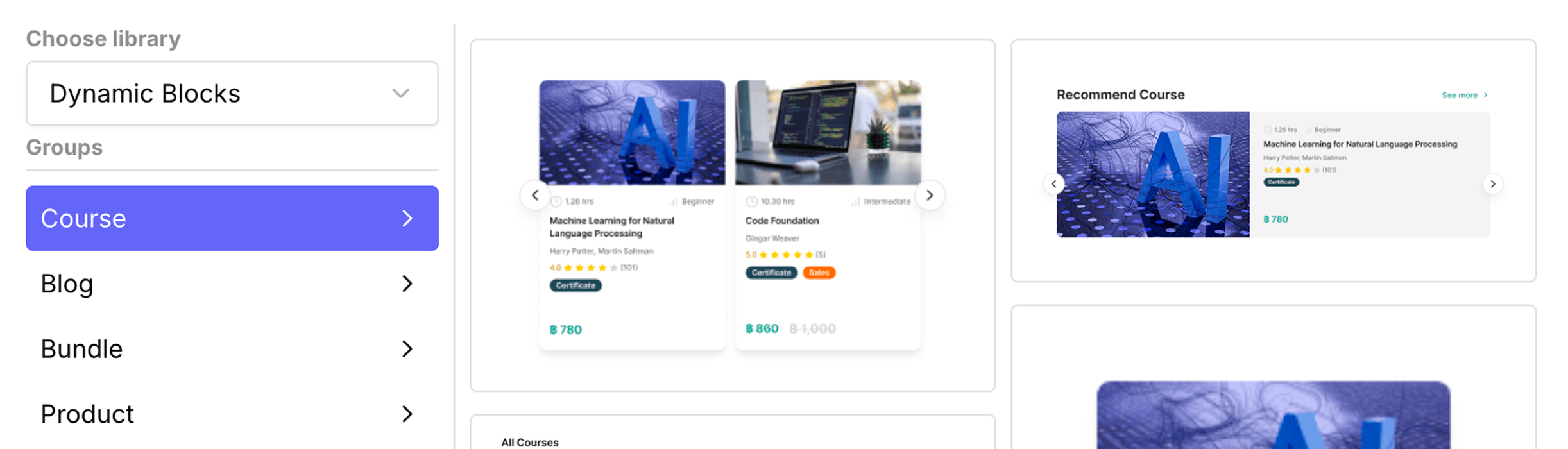 Dynamic block library for dragging courses, blogs, bundles, and products into a page