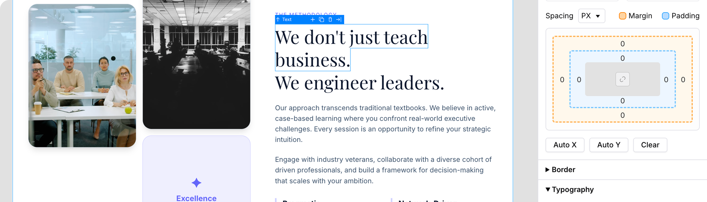 Visual page editor with spacing, margin, padding, and typography controls