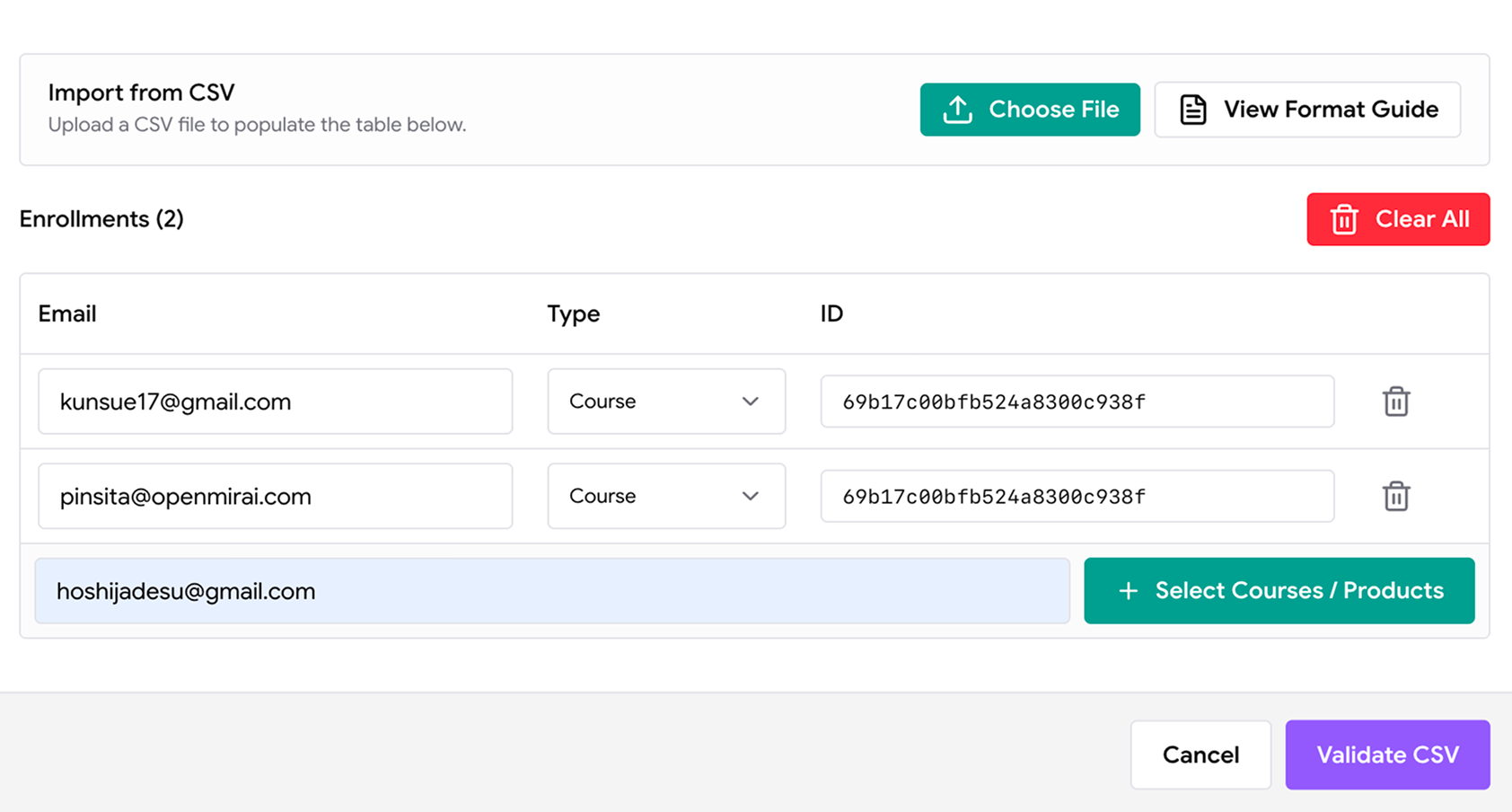 หน้าจอย้ายผู้เรียนด้วย CSV